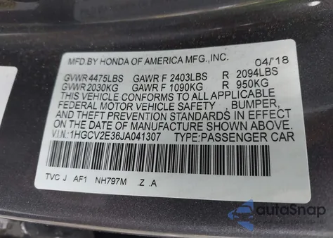 2018 Honda Accord Sport 2.0T z USA, uszkodzony, nr VIN 1HGCV2E36JA041307